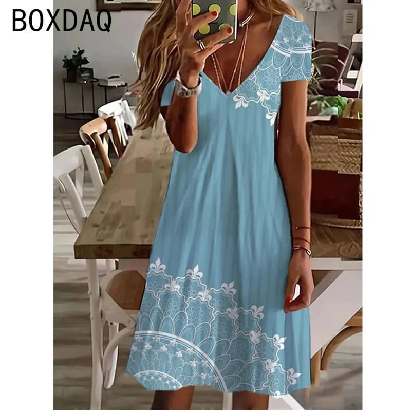 2025 New Sundress Women Summer Short Sleeve V-Neck Casual A-Line Knee-High Dress Vintage 3D Floral Boho Beach Dress Vestidos