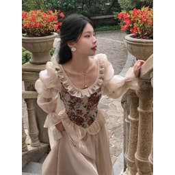 MEXZT Vintage Floral Midi Dress Women Elegant Party Prom Luxury Print Dresses Summer Korean Fairy Puff Sleeve Bodycon Vestidos