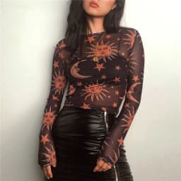Sun Moon Printed Transparent Mesh Sexy T-Shirt Women O-Neck Long Sleeve Slim Basic Casual Female Tops Spring New