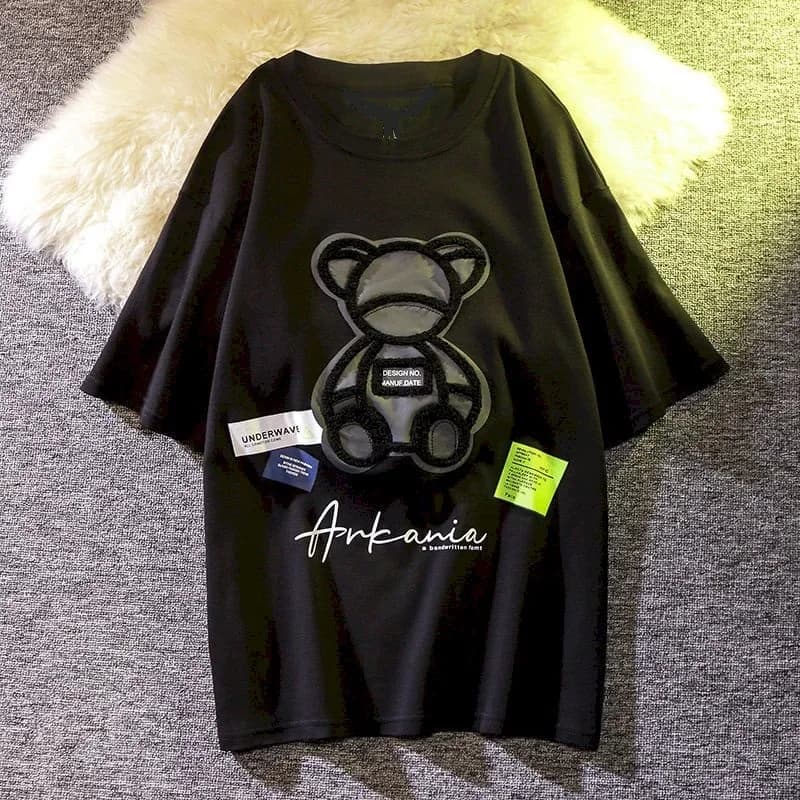 Embroidered Bear Short-sleeved T Shirt 100% Cotton Men's Womens Casual Loose Student T-Shirt Printing Half-sleeved Kawaii Tops