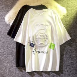Embroidered Bear Short-sleeved T Shirt 100% Cotton Men's Womens Casual Loose Student T-Shirt Printing Half-sleeved Kawaii Tops
