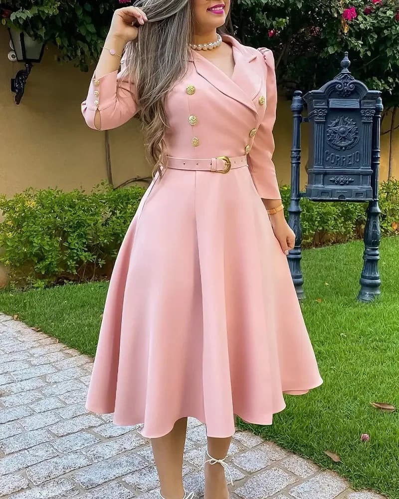 Dress for Women Autumn 2023 Fashion Versatile Casual Solid Button Long Lapel Pleated Strap Waistband Pullover Dresses Streetwear