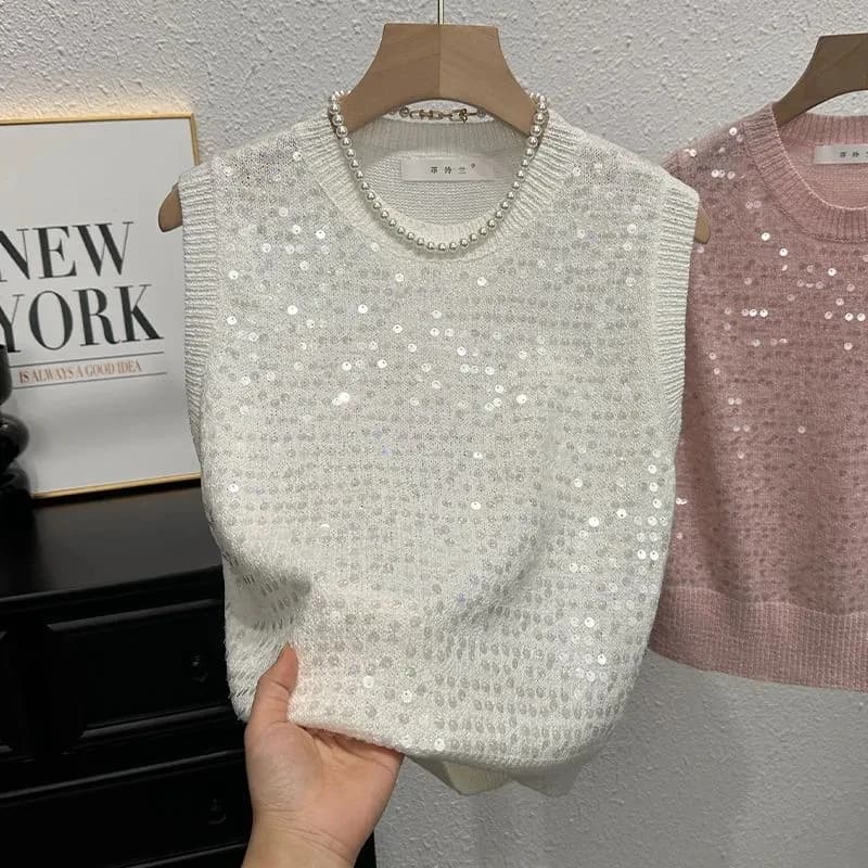 Summer Fashion Loose Slim T-shirt Unique Design Sequin Women Vest Top Korean Sweet Top Knitted Vest For Women New Waistcoat Top
