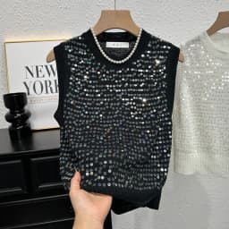 Summer Fashion Loose Slim T-shirt Unique Design Sequin Women Vest Top Korean Sweet Top Knitted Vest For Women New Waistcoat Top