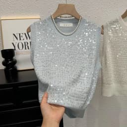 Summer Fashion Loose Slim T-shirt Unique Design Sequin Women Vest Top Korean Sweet Top Knitted Vest For Women New Waistcoat Top