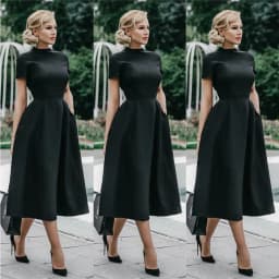 2025 Women Elegant Black Dress Half High Collar High Waist A-Line Dresses Slim Fit Dress Office Lady Female Solid Vestidos
