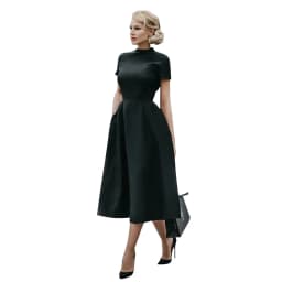 2025 Women Elegant Black Dress Half High Collar High Waist A-Line Dresses Slim Fit Dress Office Lady Female Solid Vestidos