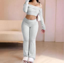 Casual Workout Two Piece Sets Woman Outfits Crop Long Sleeves Tops Foldover Flare Pants Tracksuit Suit Summer and Fall 2025 New