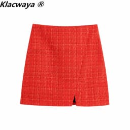 Klacwaya 2021 Women Fashion Two-Piece Set Vintage Print Lining Tweed Blazer Coat Female Front Slit Tweed Mini Skirt Chic Suit