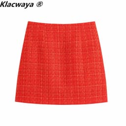 Klacwaya 2021 Women Fashion Two-Piece Set Vintage Print Lining Tweed Blazer Coat Female Front Slit Tweed Mini Skirt Chic Suit
