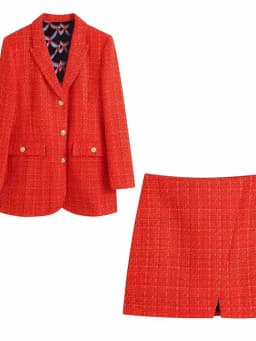 Klacwaya 2021 Women Fashion Two-Piece Set Vintage Print Lining Tweed Blazer Coat Female Front Slit Tweed Mini Skirt Chic Suit