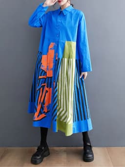 Long Sleeve Patchwork Vintage Print Dresses For Women Loose Casual Midi Dress Robe Fashion Elegant Clothing Spring Autumn 2026
