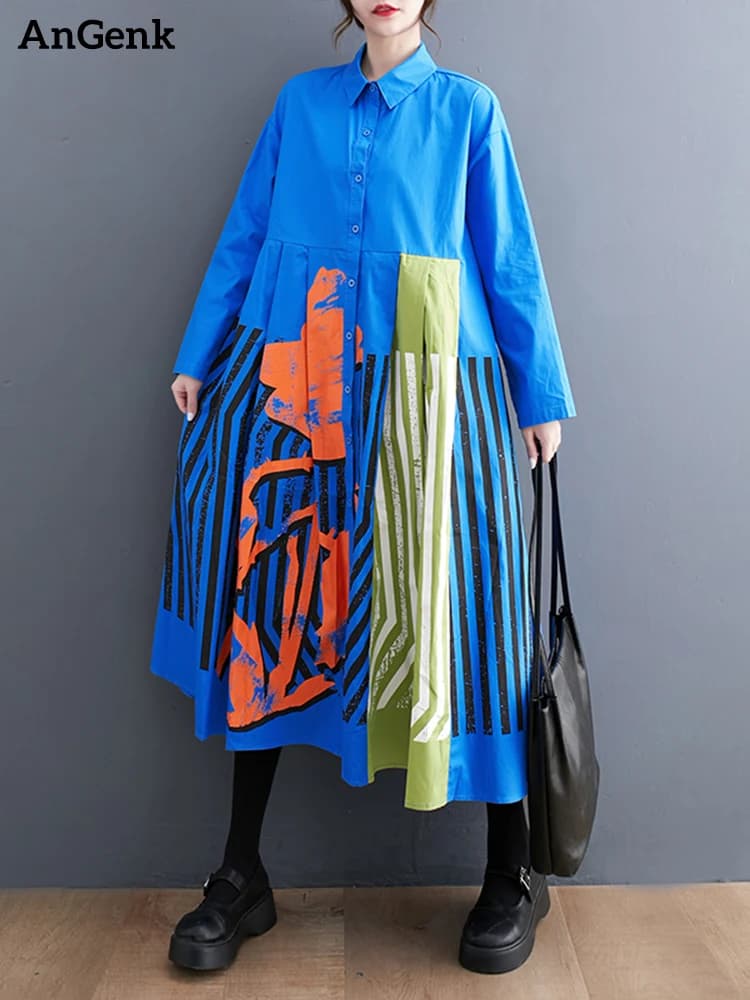 Long Sleeve Patchwork Vintage Print Dresses For Women Loose Casual Midi Dress Robe Fashion Elegant Clothing Spring Autumn 2026