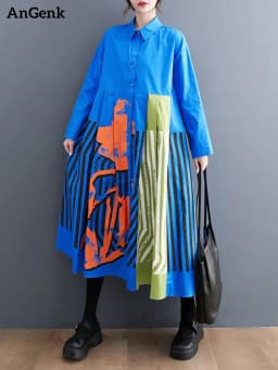 Long Sleeve Patchwork Vintage Print Dresses For Women Loose Casual Midi Dress Robe Fashion Elegant Clothing Spring Autumn 2026