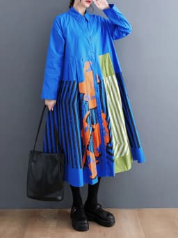 Long Sleeve Patchwork Vintage Print Dresses For Women Loose Casual Midi Dress Robe Fashion Elegant Clothing Spring Autumn 2026