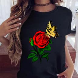 Woman Butterfly Tree Print Harajuku Summer Tshirts Casual Round Neck Short Slee Top Tee Shirt Women Black T-shirt Drop Ship