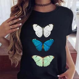 Woman Butterfly Tree Print Harajuku Summer Tshirts Casual Round Neck Short Slee Top Tee Shirt Women Black T-shirt Drop Ship
