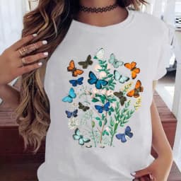 Woman Butterfly Tree Print Harajuku Summer Tshirts Casual Round Neck Short Slee Top Tee Shirt Women Black T-shirt Drop Ship