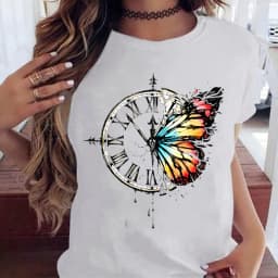 Woman Butterfly Tree Print Harajuku Summer Tshirts Casual Round Neck Short Slee Top Tee Shirt Women Black T-shirt Drop Ship