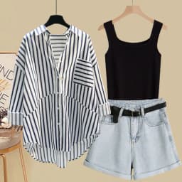 Spring and Summer Suit Women's 2023 New Korean Version Sunscreen Shirt Vest Slimming Versatile Denim Shorts Three-piece Set