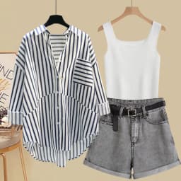 Spring and Summer Suit Women's 2023 New Korean Version Sunscreen Shirt Vest Slimming Versatile Denim Shorts Three-piece Set