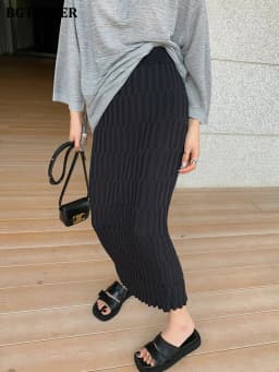 BGTEEVER Elegant High Waist Wrapped Knitted Skirts Women Pencil Skirt Women Slim Fit Zipper Mid-Calf Skirt Office Lady