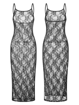 Fashion Spaghetti Strap See Through Midi Dress Women Black Sexy Sheer Mesh Lace Floral Dresses Chic Y2K Beach Outfits Vestidos