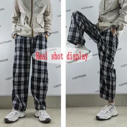 Lucyever Harajuku Black and White Plaid Pants Women Summer Casual Wide Leg Trousers Teens Hip Hop Unisex Loose Straight Pants