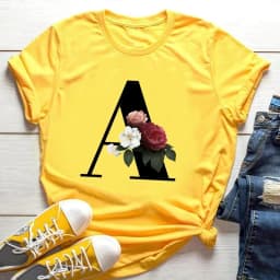 Large Size Yellow T-shirt for Men And Women with Black Fashion Trend Print of Flowers 26 English Letters Casual Short Sleeve Top