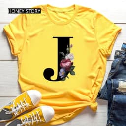 Large Size Yellow T-shirt for Men And Women with Black Fashion Trend Print of Flowers 26 English Letters Casual Short Sleeve Top