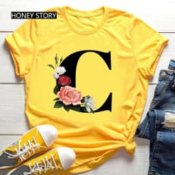 Large Size Yellow T-shirt for Men And Women with Black Fashion Trend Print of Flowers 26 English Letters Casual Short Sleeve Top
