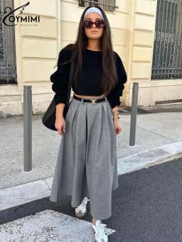 Oymimi Elegant Grey Loose Skirts For Women Casual High Waist Pleated Skirts Fashion New Solid Ankle-Length Skirts Streetwear