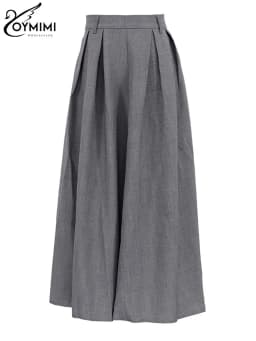 Oymimi Elegant Grey Loose Skirts For Women Casual High Waist Pleated Skirts Fashion New Solid Ankle-Length Skirts Streetwear