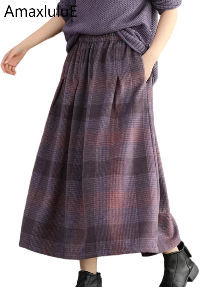 Amax LuluE Winter Fashion Streetwear Womens Loose Plaid Classic Vintage Leisure Skirts Females Luxury Elegant Harajuku Clothes