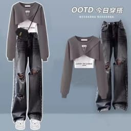 Women's Set Spring and Autumn Korean Edition Long Sleeved Top with Layered Tank Top+Perforated Jeans Three Piece Set Fashion