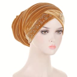 Glitter Diamonds Pleated Turban Cap Women Soft Velvet Head Wraps Caps Muslim Headscarf Bonnet Female Beanie Pullover Cap