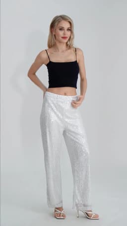 Newest Women's Sequin Casual Pants Wide Leg Pants Shiny Loose Casual Stretch High Waisted Pants for Work Office Streetwear
