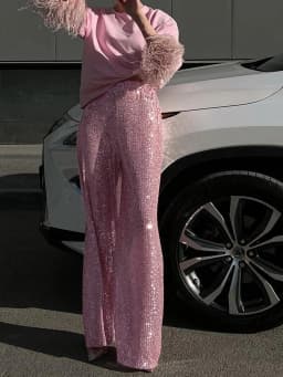 Newest Women's Sequin Casual Pants Wide Leg Pants Shiny Loose Casual Stretch High Waisted Pants for Work Office Streetwear