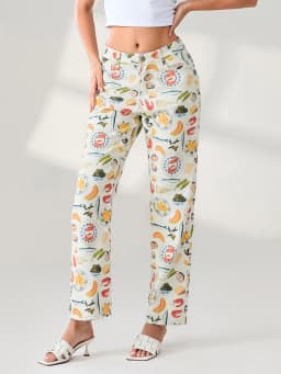 Women Y2k Fruit Print Jeans Pants Graphic Print High Neck Straight Leg Denim Pants Aesthetic Jeans Summer Streetwear