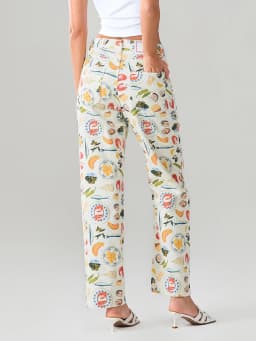 Women Y2k Fruit Print Jeans Pants Graphic Print High Neck Straight Leg Denim Pants Aesthetic Jeans Summer Streetwear