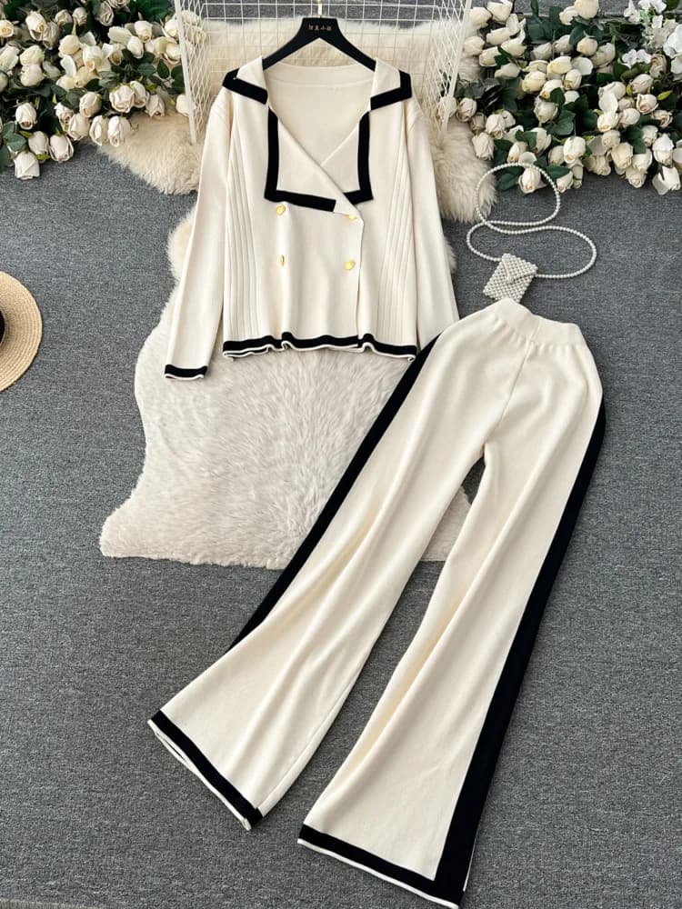Autumn Winter Casual Two Pieces Suits Long Sleeve Knitted Cardigan Sweater+Elastic Waist Wide Leg Pant Female Loose Knitwear Set