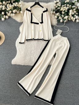 Autumn Winter Casual Two Pieces Suits Long Sleeve Knitted Cardigan Sweater+Elastic Waist Wide Leg Pant Female Loose Knitwear Set
