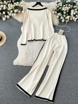 Autumn Winter Casual Two Pieces Suits Long Sleeve Knitted Cardigan Sweater+Elastic Waist Wide Leg Pant Female Loose Knitwear Set