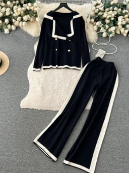 Autumn Winter Casual Two Pieces Suits Long Sleeve Knitted Cardigan Sweater+Elastic Waist Wide Leg Pant Female Loose Knitwear Set