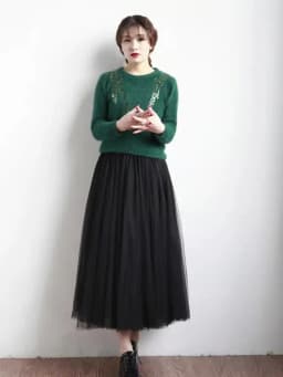 2024 Autumn Winter Vintage Tulle Skirt Women Elastic High Waist Mesh Skirts Long Pleated Tutu Skirt Female
