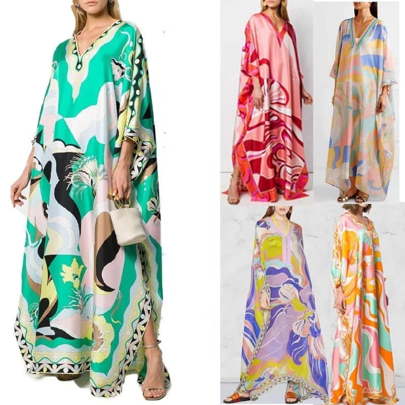 Women's Murah Kaftan Batik Cover Up Loose V-neck bohemian dress plus size Beach Dress Print Floral Maxi Dress