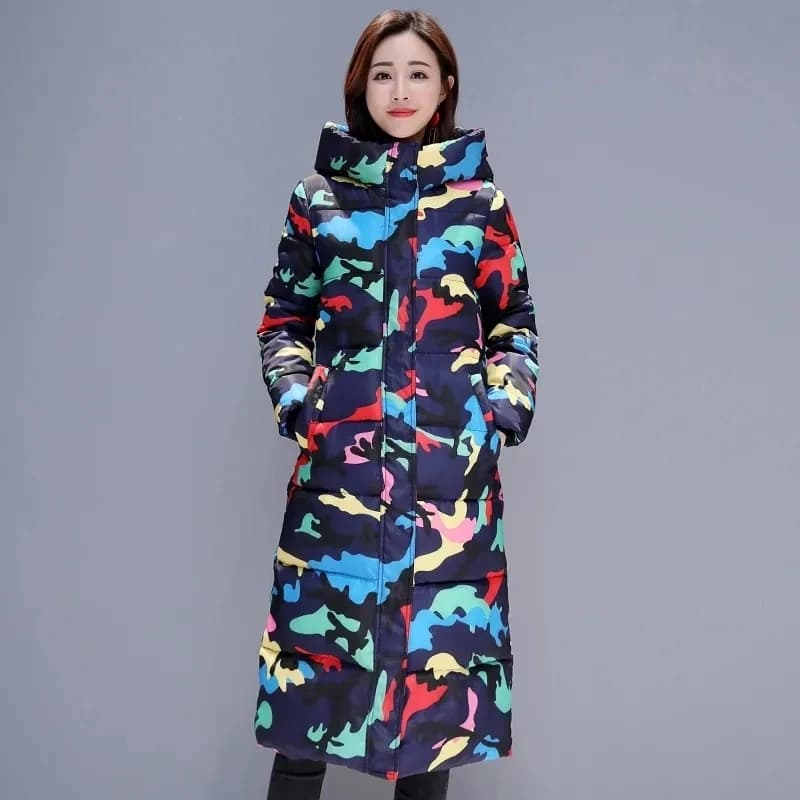 New Fashion Cool Camouflage Print Long Jacket for Women Bubble Coat Winter Thick Warm Outerwear Puffer Overcoat