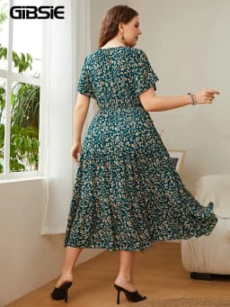 GIBSIE Plus Size Ditsy Floral O-Neck Ruffle Hem Dress Women Holiday Boho Summer Short Sleeve Elastic A-line Casual Long Dresses