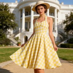 Tonval Vacation Women's Summer Dress 2025 Sexy Backless Party Halter Neck Yellow Plaid 50s Vintage High Waist Swing Dresses