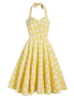 Tonval Vacation Women's Summer Dress 2025 Sexy Backless Party Halter Neck Yellow Plaid 50s Vintage High Waist Swing Dresses